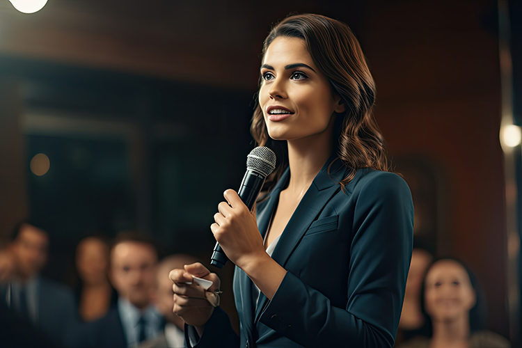 Portrait of a beautiful young woman in a business suit speaking